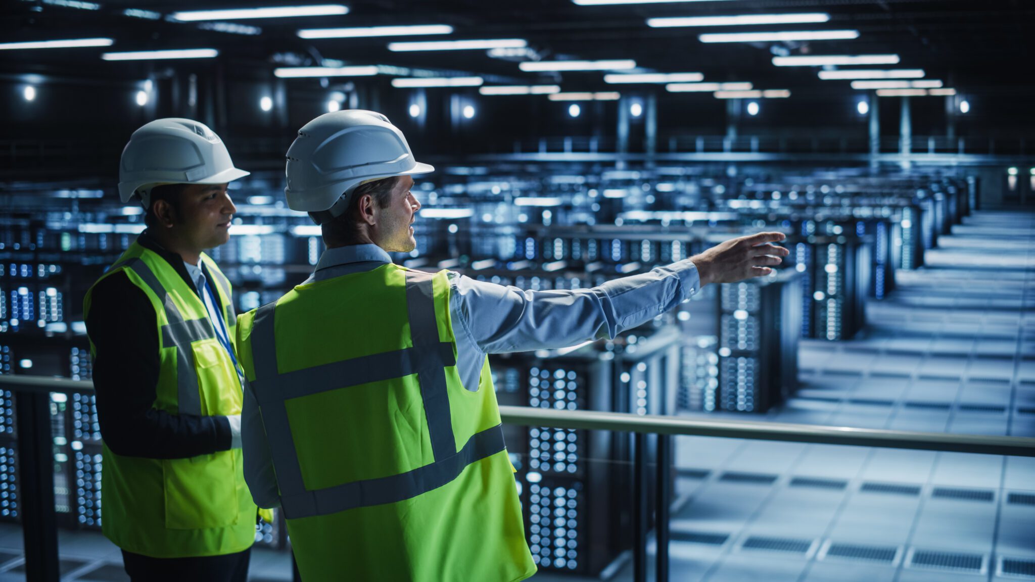 Data Center IT Specialist and System administrator Talk, Use Tablet Computer, Wearing Safety Wests. Server Clod Farm with Two Information Technology Engineers checking Cyber Security. Engineers in a large data center.