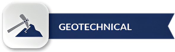 Geotechnical icon with hammer and mountain.